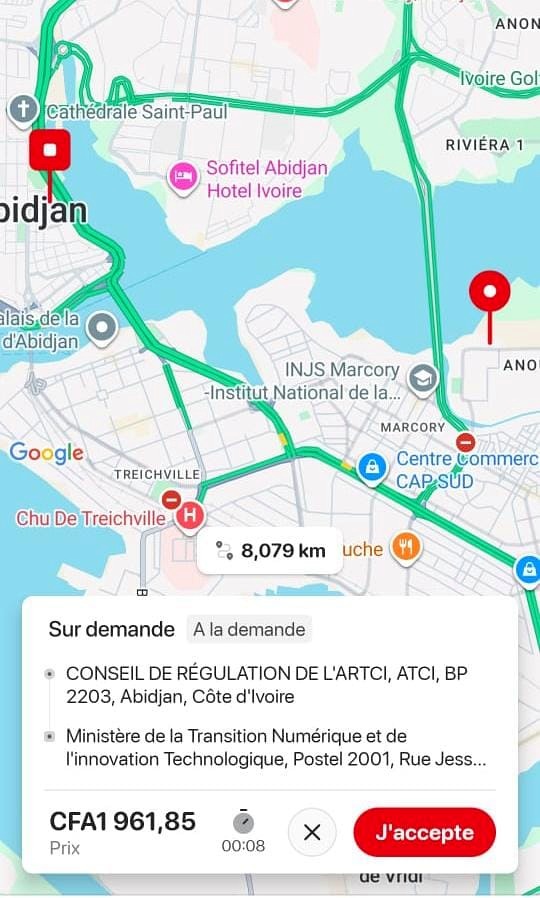Suivi en temps réel SendMi : carte d'Abidjan avec le trajet du coursier, points de collecte et de livraison