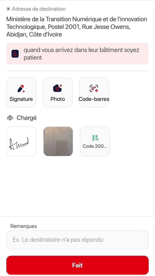 Écran SendMi de livraison : adresse de destination, signature, photo et code-barres