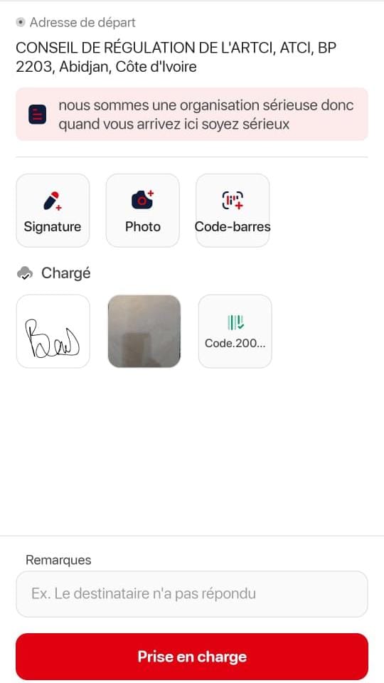 Écran SendMi de prise en charge : adresse de départ, signature, photo et code-barres